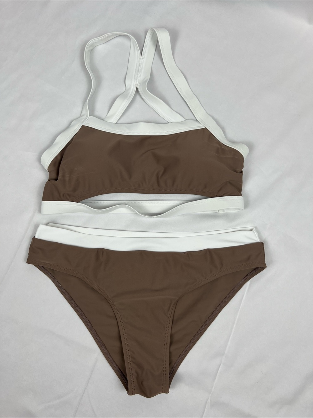 SHEIN Brown and White Contrast Two-Piece Bikini - Size Medium